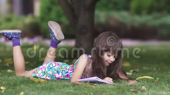 孩子在树下的草地上画画小女孩在后院用蜡笔画画视频的预览图
