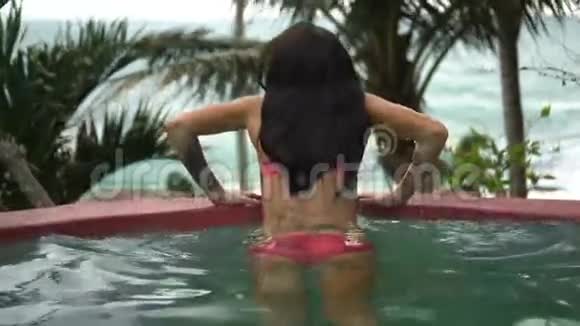 在热带度假胜地的游泳池边您可以看到穿着粉红色比基尼的美丽黑发女人的后景视频的预览图