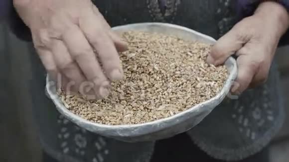皱巴巴的老太太的手搅动着麦粒的特写镜头4K视频的预览图