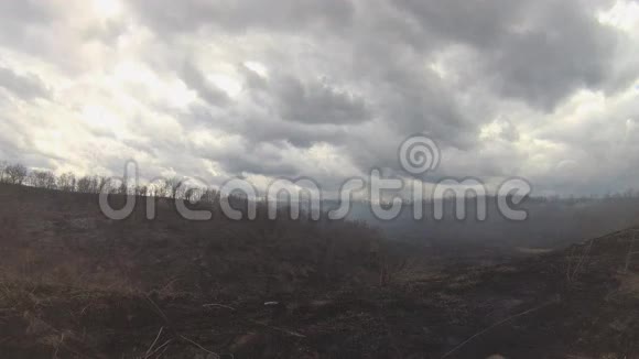 黑色烧焦的树木和草在烟雾后山谷里的火阴郁的云背景视频的预览图