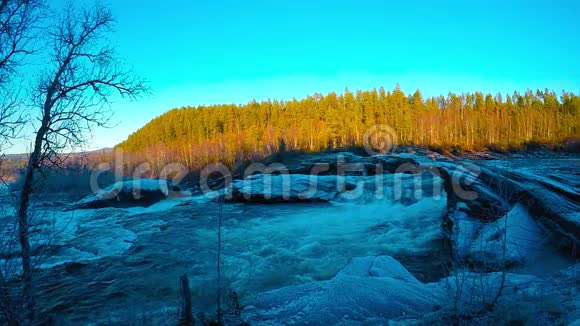 深秋早晨在阳光下巨大的冷瀑布色彩斑斓的森林背景和巨石上的冰霜视频的预览图
