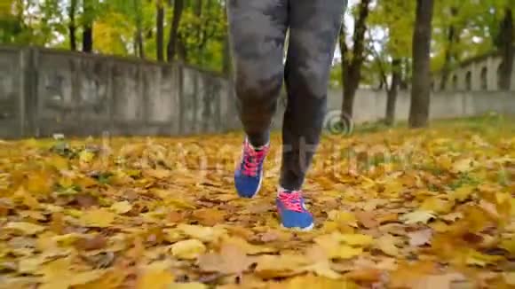日落时分女人的双腿在秋天的公园里奔跑慢动作视频的预览图