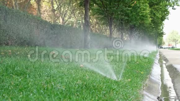 公共园区洒水自动灌溉系统室外浇灌绿草草坪视频的预览图