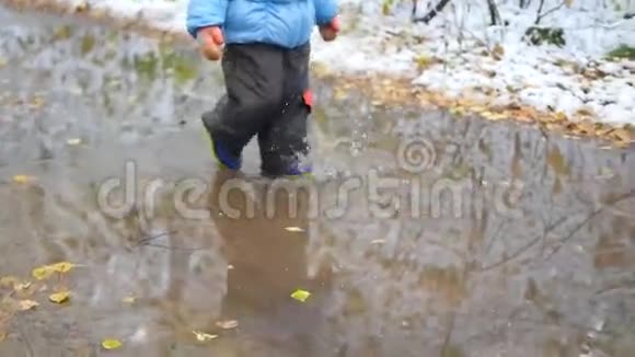 秋天公园里一个孩子穿过水坑视频的预览图