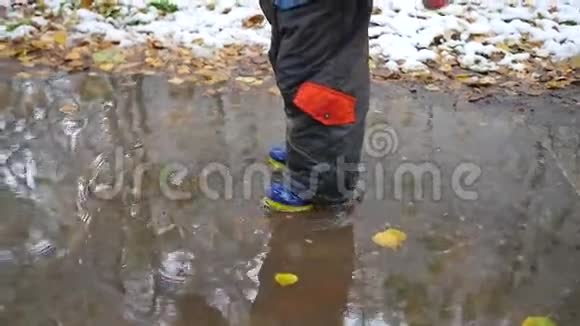 秋天公园里一个孩子穿过水坑视频的预览图