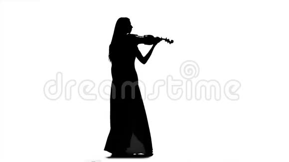 穿着长裙的女孩在玩小提琴白色背景的剪影慢动作视频的预览图