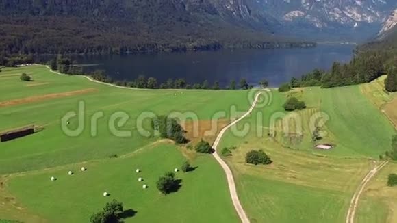 早上在令人惊叹的博欣吉湖谷上空飞行青山和通往朱利安阿尔卑斯山的斯塔拉福齐纳村的道路斯洛文尼亚视频的预览图
