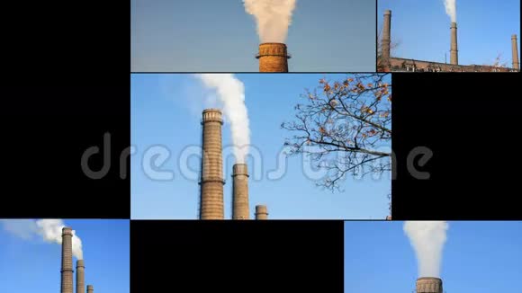 蓝色天空的工厂烟雾拼贴多屏幕视频的预览图