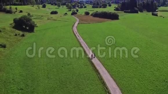 早上在绿波欣吉湖谷上空飞行人们骑自行车在小径上朱利安阿尔卑斯山的斯塔拉福齐纳村视频的预览图