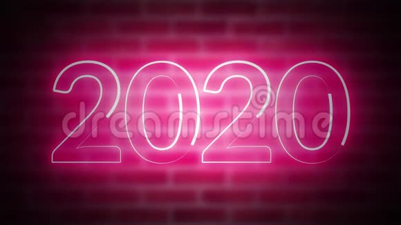 新年霓虹灯标志2020的背景砖电脑生成3D制作新年庆典视频的预览图