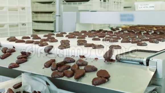 糖果厂传送带上放着一串美味的巧克力糖果糖果厂视频的预览图
