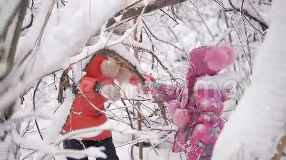 两个小女孩走在白雪覆盖的森林里视频的预览图