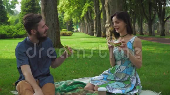 年轻夫妇在夏季野餐公园吃三明治享受风味和微笑视频的预览图