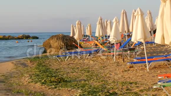 海上豪华度假度假海滩上空的多色日光浴或日光浴床和折叠的海滩伞视频的预览图