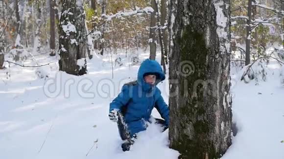 在冬天的公园里孩子们从树后扔雪球视频的预览图