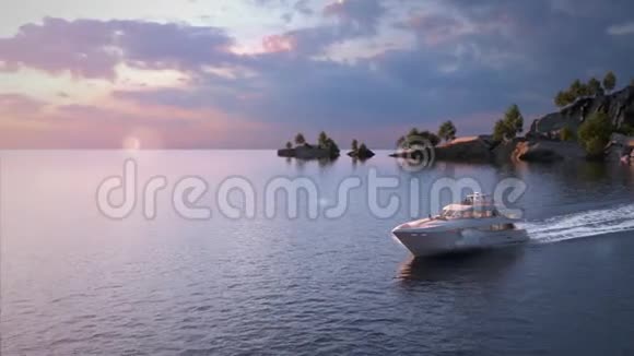 游艇在群岛附近散步阳光明媚的日落三维渲染4k视频视频的预览图