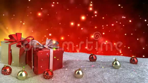 圣诞礼物在雪地上的红色背景无缝环3D渲染视频的预览图