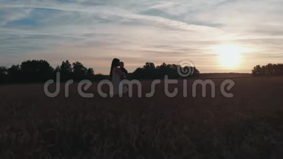 日落时分一位年轻的母亲和她的儿子在麦田里散步视频的预览图