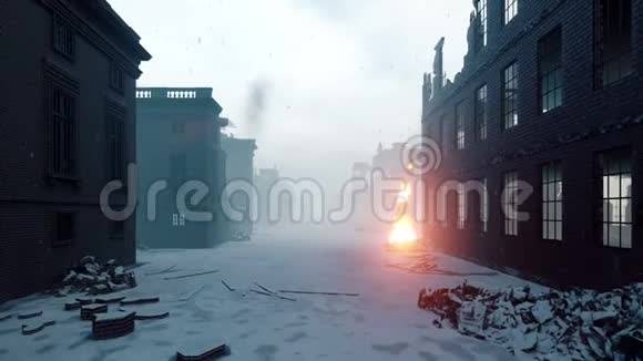 雪中的天启城摄像机在这个被毁的城市里飞行世界末日后被遗弃的街道视频的预览图