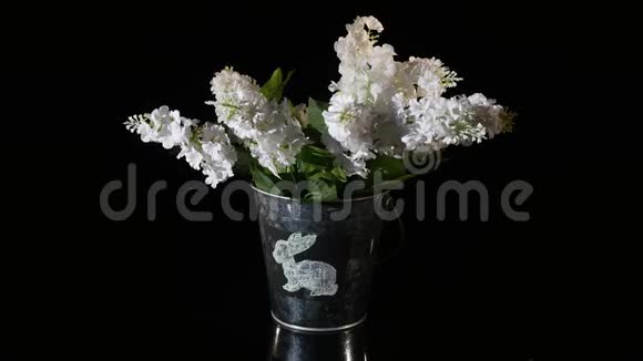 白色花瓶里的丁香花在黑色背景上旋转视频的预览图