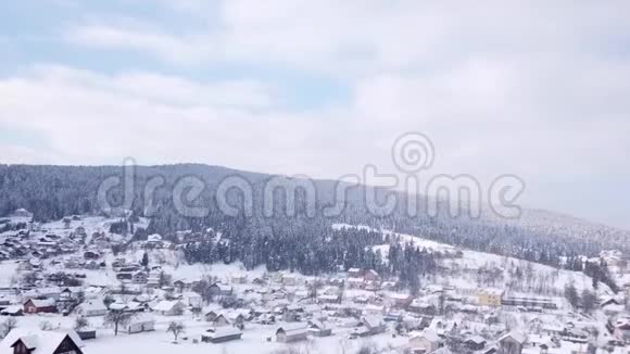 冬季森林和建筑物从上面看空中景观视频的预览图