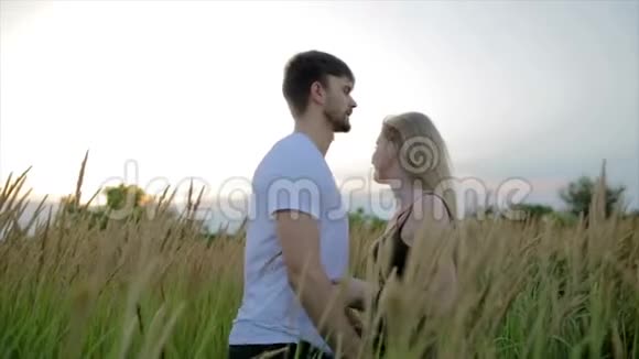 一对相爱的夫妻一个男人亲吻一个美丽的年轻女子并在日落或日出时把她举起来和她一起在田野上跳舞视频的预览图