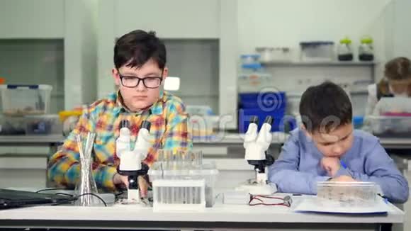 小男孩在学校实验室做化学生物实验视频的预览图