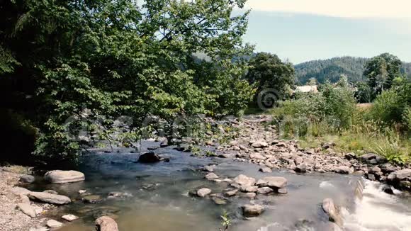 这条清澈的小溪的水正在岩石上流淌着许多浪漫的小瀑布视频的预览图