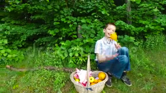 少年扔橘子想耍花样的男孩晚上夏天的森林视频的预览图