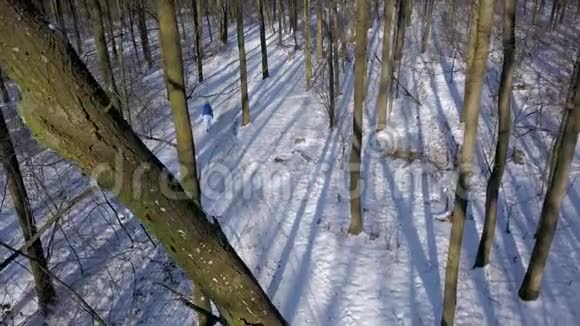 从高处到穿着温暖衣服的女人在美丽的冬季白雪覆盖的风景中漫步在一条小径上清楚视频的预览图