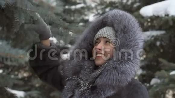 女孩从树枝上摇雪树上的雪视频的预览图