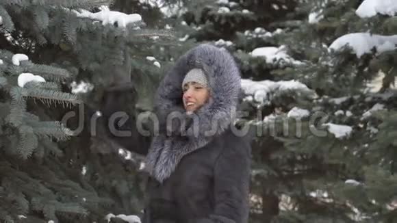 女孩从树枝上摇雪树上的雪视频的预览图