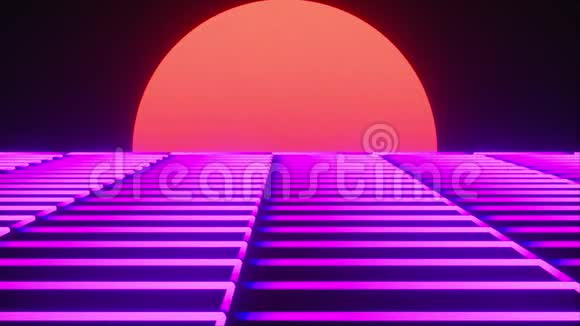 未来主义霓虹灯景观的80年代电脑产生的未来主义太阳复古风格3D绘制抽象视频的预览图