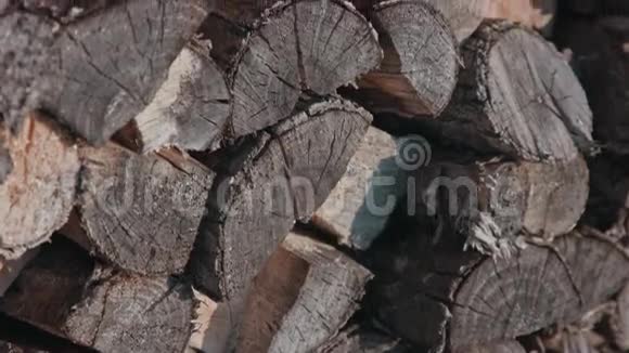木柴在冬天的宏观上整齐地堆放在木堆里视频的预览图