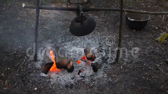 游客用水壶里的篝火烧水视频的预览图