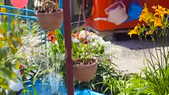有游泳池的夏季花园小喷泉视频的预览图
