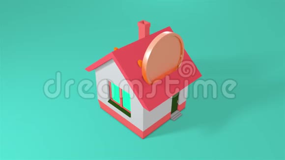 以房子和金币形式的钱箱计算机产生了一枚硬币掉进房子里3D渲染视频的预览图
