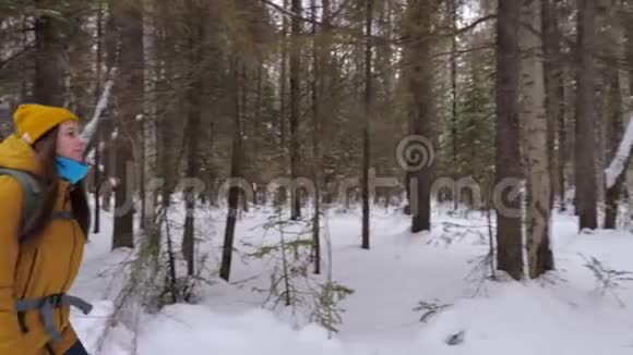 女游客走在冬天的森林小路上肩上背着一个背包视频的预览图