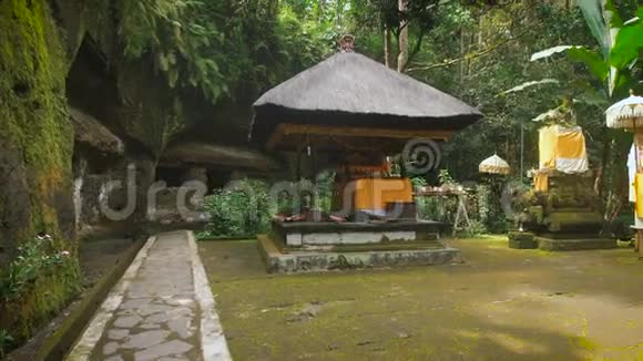 巴厘岛森林里的圣寺印度尼西亚传统特色热带花园内的石质山雀视频的预览图