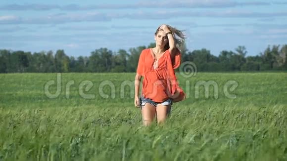 一个美丽的金发年轻浪漫女子穿着红色衬衫慢慢地在草地上抚摸着她的完整的肖像视频的预览图