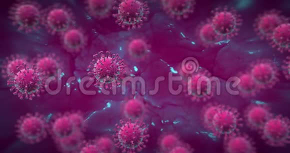 缩放到紫色生物空间中的旋转冠状病毒元素视频的预览图