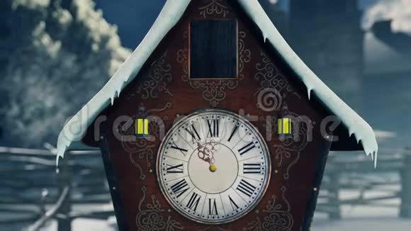 一个圣诞雪人站在一个旧钟旁边圣诞节和新年3D渲染视频的预览图