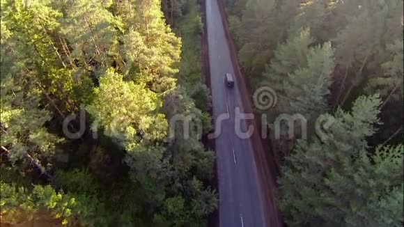 在森林里的路上的汽车鸟瞰视频的预览图