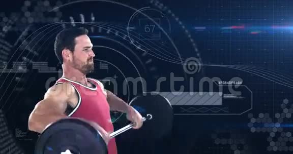 健美运动员在动画背景下举重杠铃视频的预览图