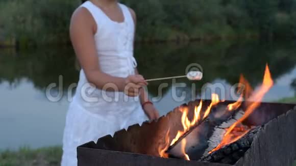 少女薯条棉花糖放在池塘附近的火上视频的预览图