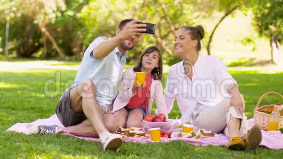 一家人在公园野餐和自拍视频的预览图