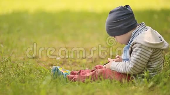 三岁的宝宝在草地上玩电话视频的预览图