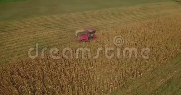 玉米收获与联合收割机和拖拉机在田间的空中镜头视频的预览图