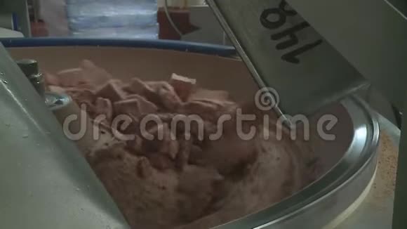 肉末生产机将肉和香料混合制成热狗和香肠视频的预览图