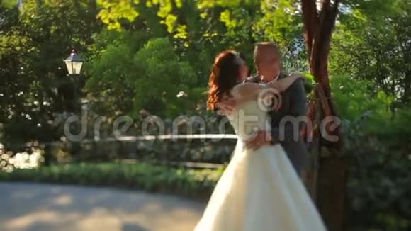新婚夫妇在公园里轻轻地接吻意大利科莫的蜜月视频的预览图